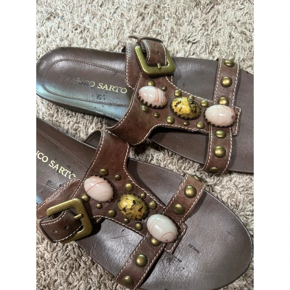 Franco Sarto Brown Leather Stone Studded Slide Sandals Western Boho Hippie  7M‎